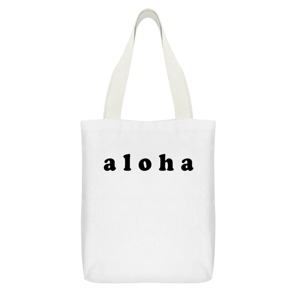 Aloha Hawaii Hello Goodbye Fun Graphic White Canvas Tote Shopping Bag With Interior Pocket