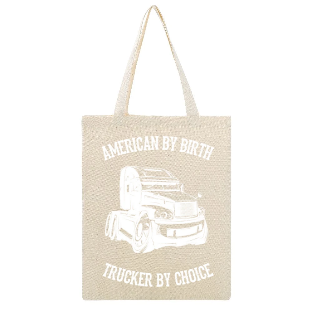 American By Birth Trucker By Choice Beige Canvas Tote Shopping Bag