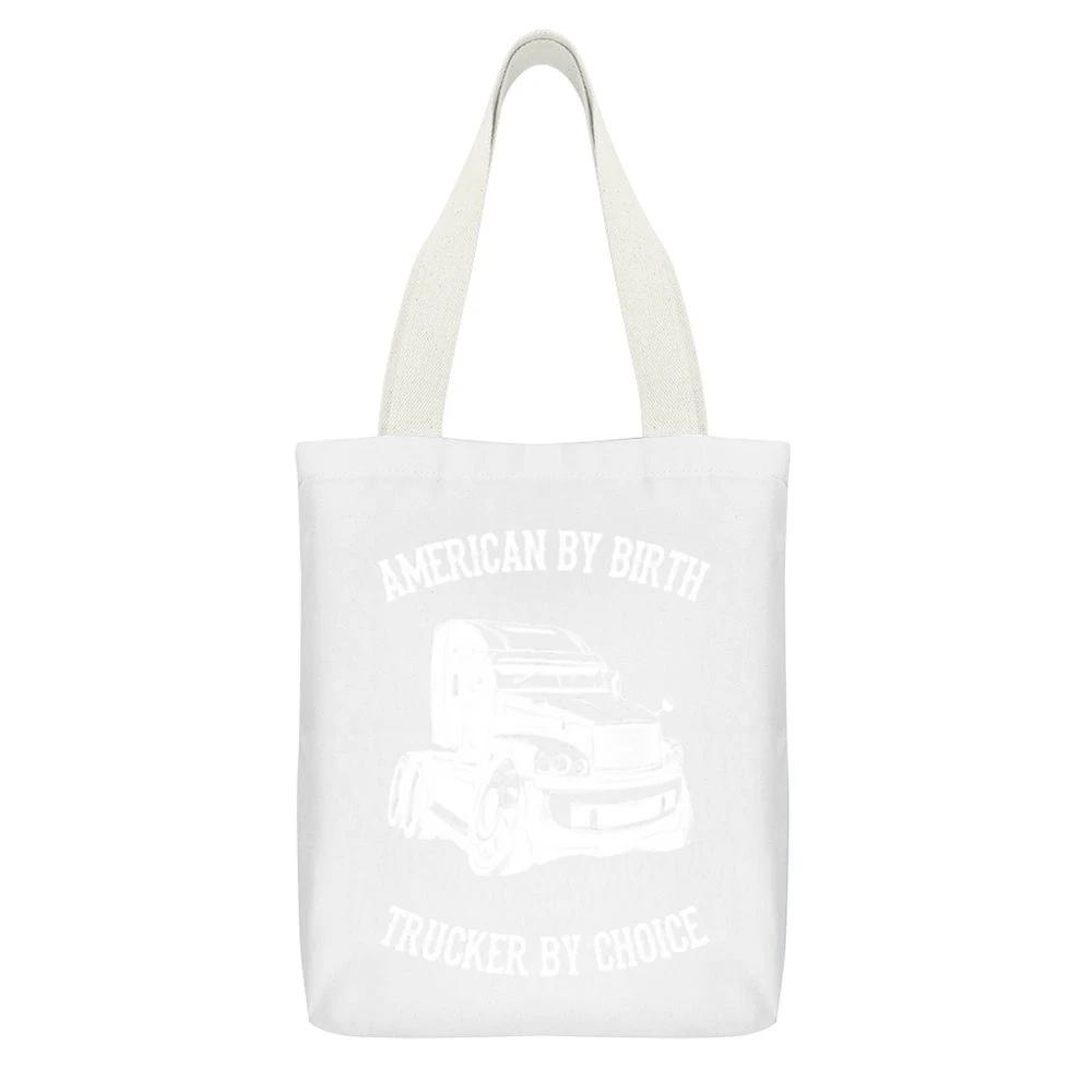 American By Birth Trucker By Choice White Canvas Tote Shopping Bag With Interior Pocket
