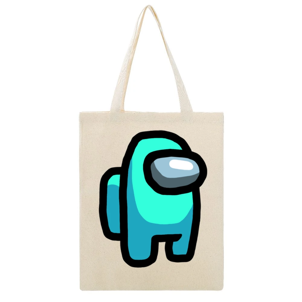 Among Us Cyan Character Fun Video Game Fan Beige Canvas Tote Shopping Bag