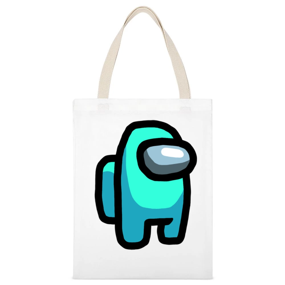 Among Us Cyan Character Fun Video Game Fan White Canvas Tote Shopping Bag