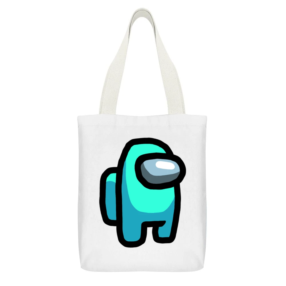 Among Us Cyan Character Fun Video Game Fan White Canvas Tote Shopping Bag With Interior Pocket