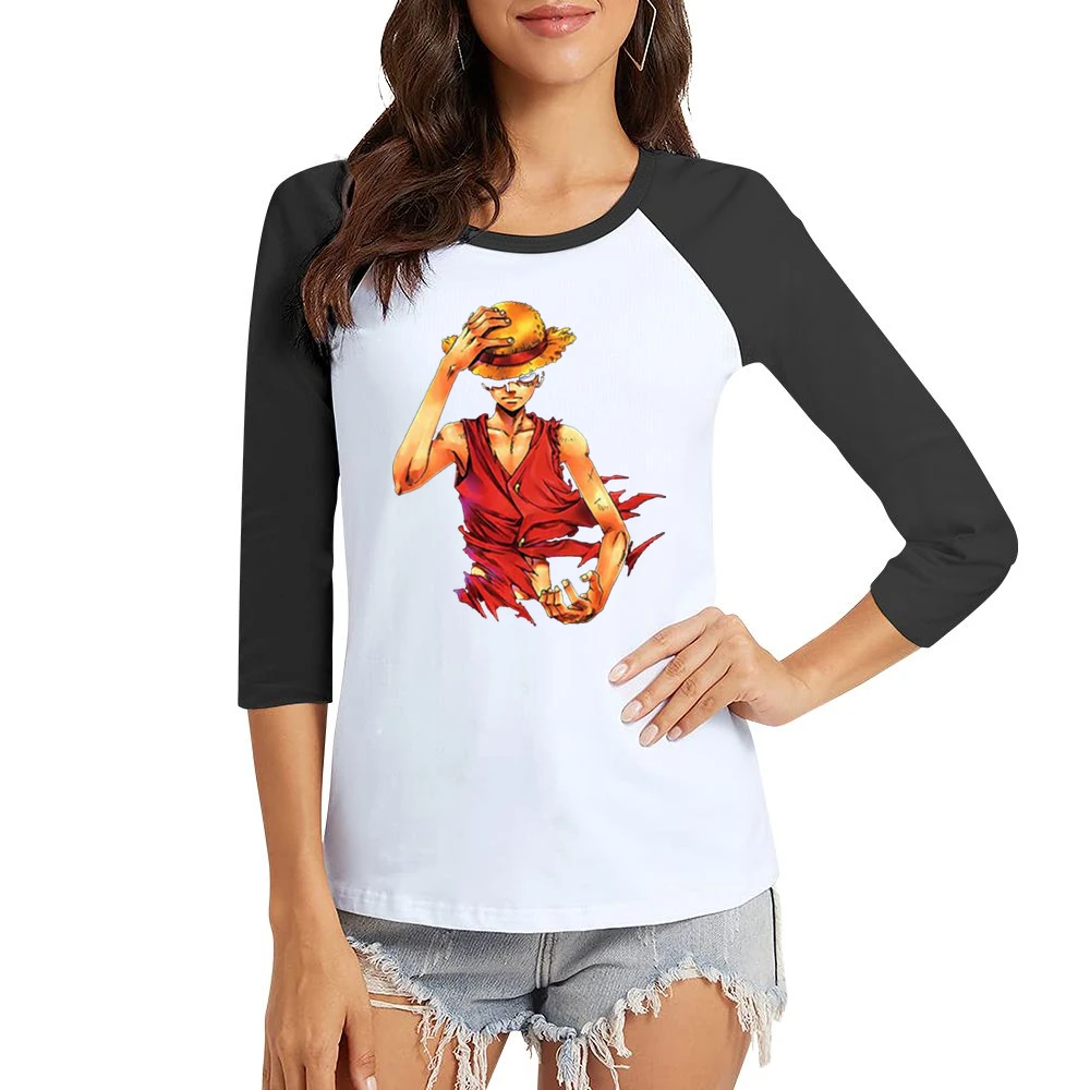 Angry serious Monkey D Luffy straw hat One Piece Pirate king Women Ladies 3-4 Sleeve T-Shirt