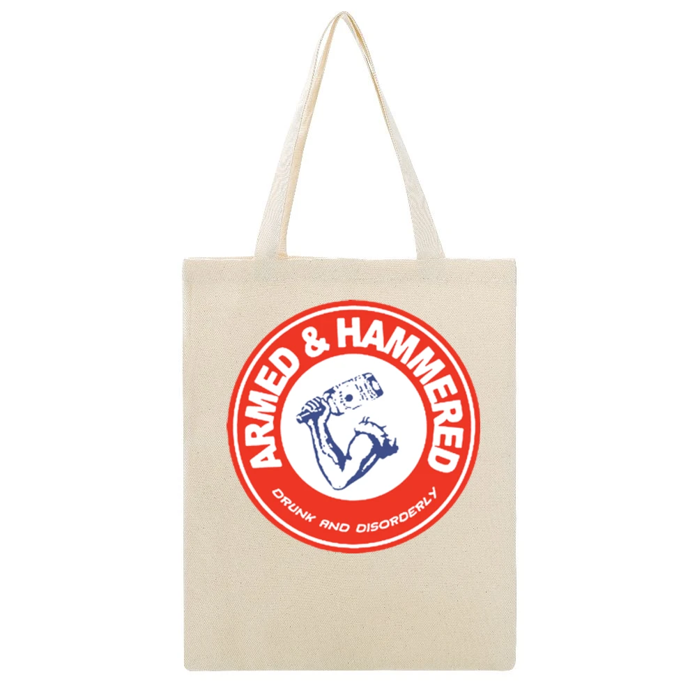 Armed And Hammered Funny Black Beige Canvas Tote Shopping Bag