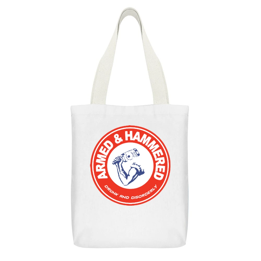 Armed And Hammered Funny Black White Canvas Tote Shopping Bag With Interior Pocket