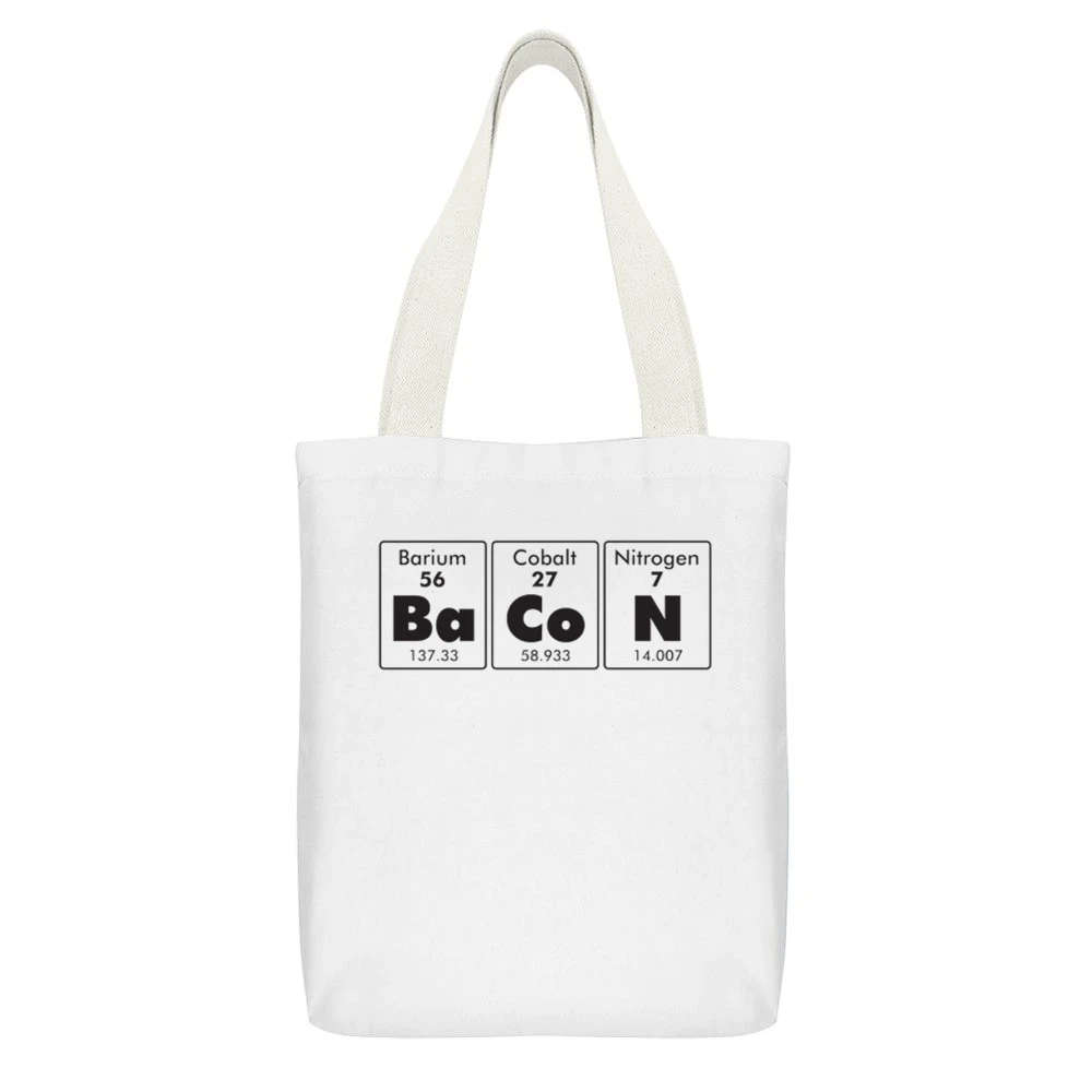 Bacon Elements Funny Periodic Table Geek Nerd Food White Canvas Tote Shopping Bag With Interior Pocket