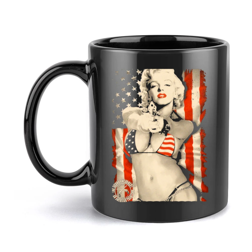 Badass Marilyn Monroe American Flag Bikini Gun Graphic Black Mug