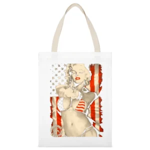 Badass Marilyn Monroe American Flag Bikini Gun Graphic White Canvas Tote Shopping Bag