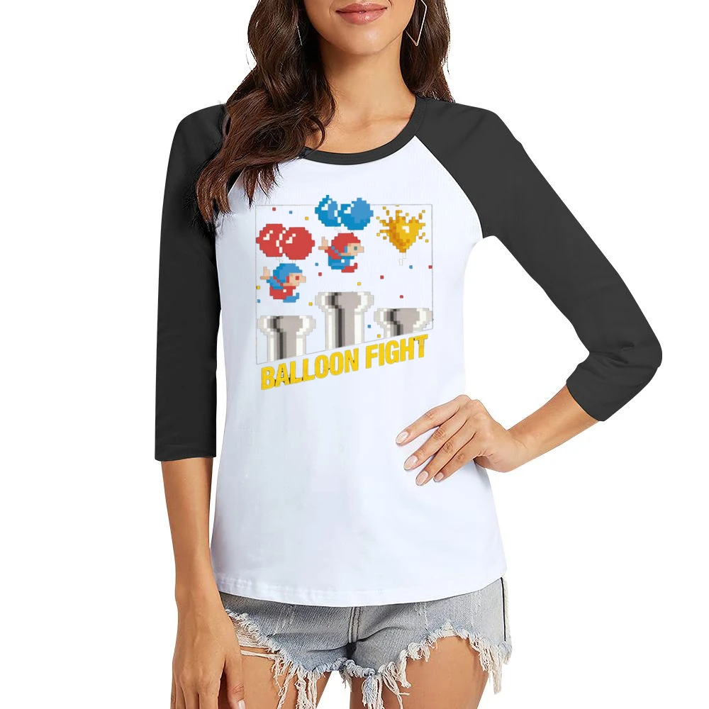 Balloon Fight Video Game Retro 80s Women Ladies 3-4 Sleeve T-Shirt