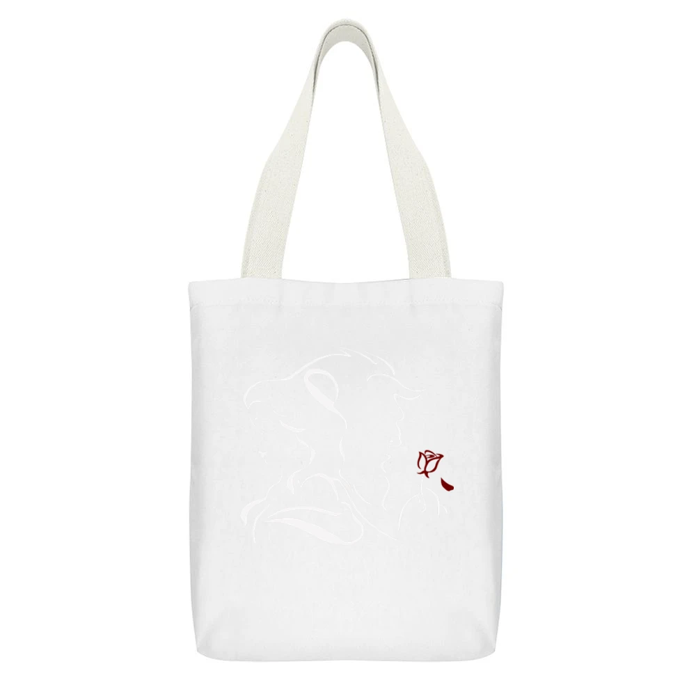 Beauty and the Beast White Canvas Tote Shopping Bag With Interior Pocket
