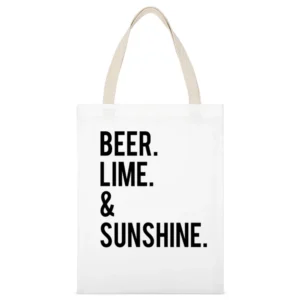 Beer Lime And Sunshine Fun Graphic Tee Shirt White Canvas Tote Shopping Bag
