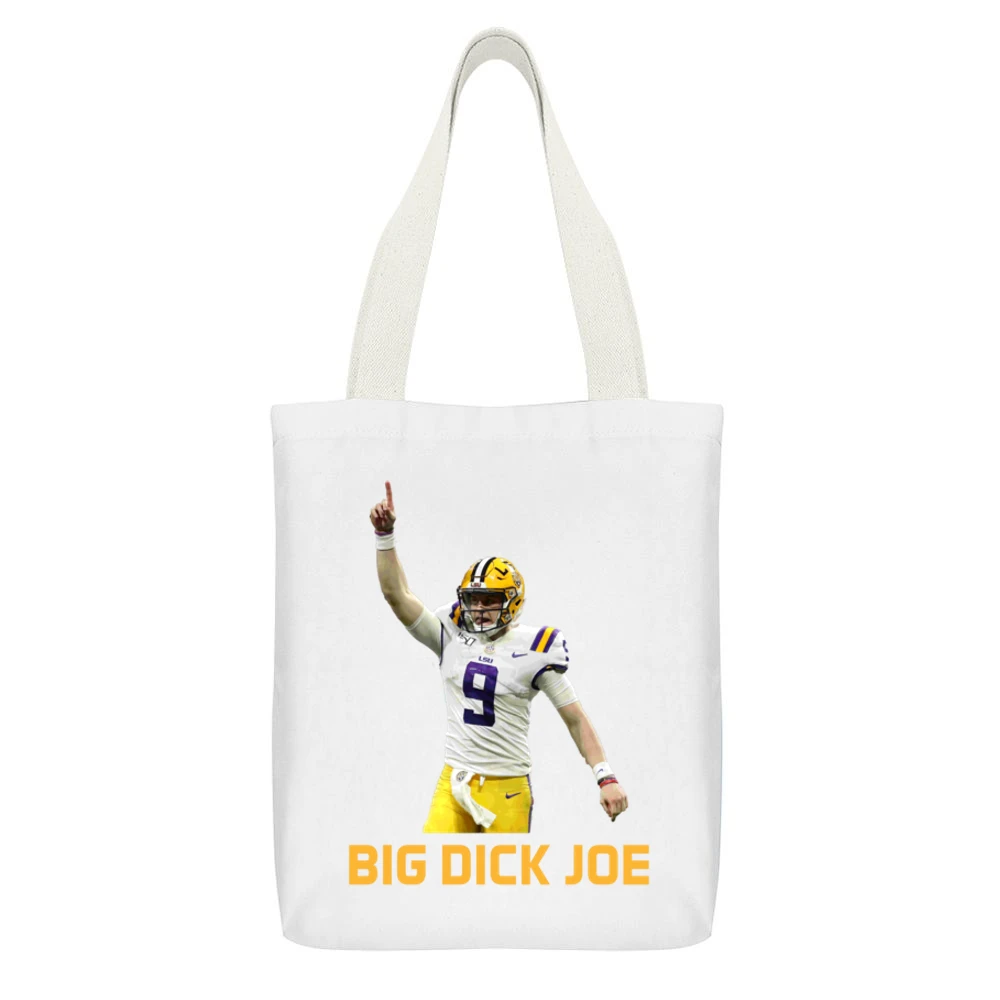 Big Dick Joe Burrow Lsu Louisiana Football Sports Fan Fixed White Canvas Tote Shopping Bag With Interior Pocket
