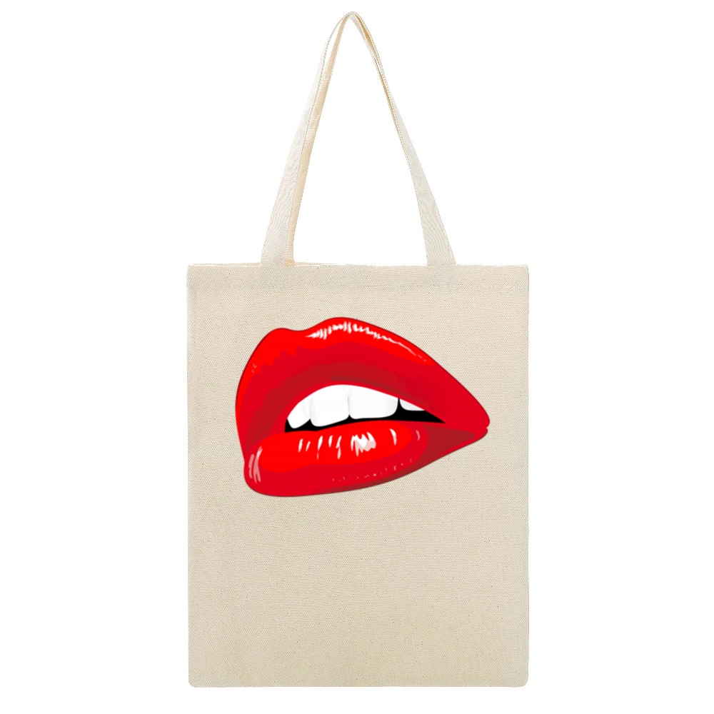 Big Red Lips Lipstick Popular Makeup Graphic Cartoon Mouth Tee Shirt Beige Canvas Tote Shopping Bag