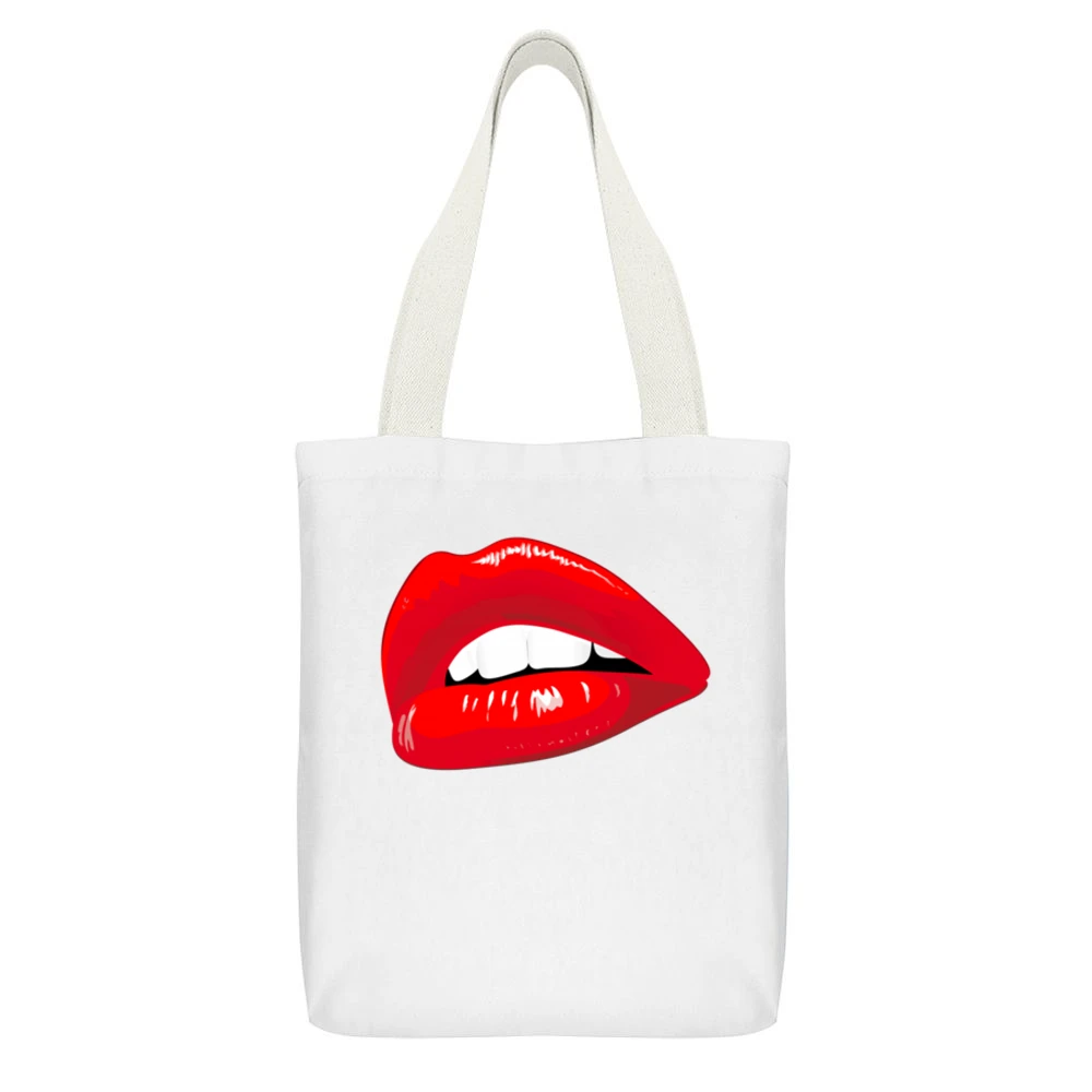 Big Red Lips Lipstick Popular Makeup Graphic Cartoon Mouth Tee Shirt White Canvas Tote Shopping Bag With Interior Pocket