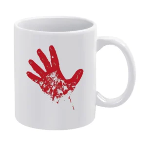 Bloody red hand rise from dead White Mug