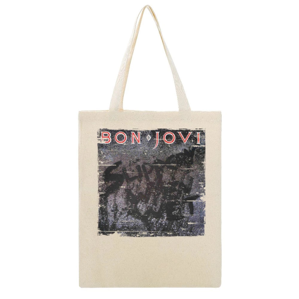 Bon Jovi Slippery When Wet Album Cover Distressed Image Beige Canvas Tote Shopping Bag