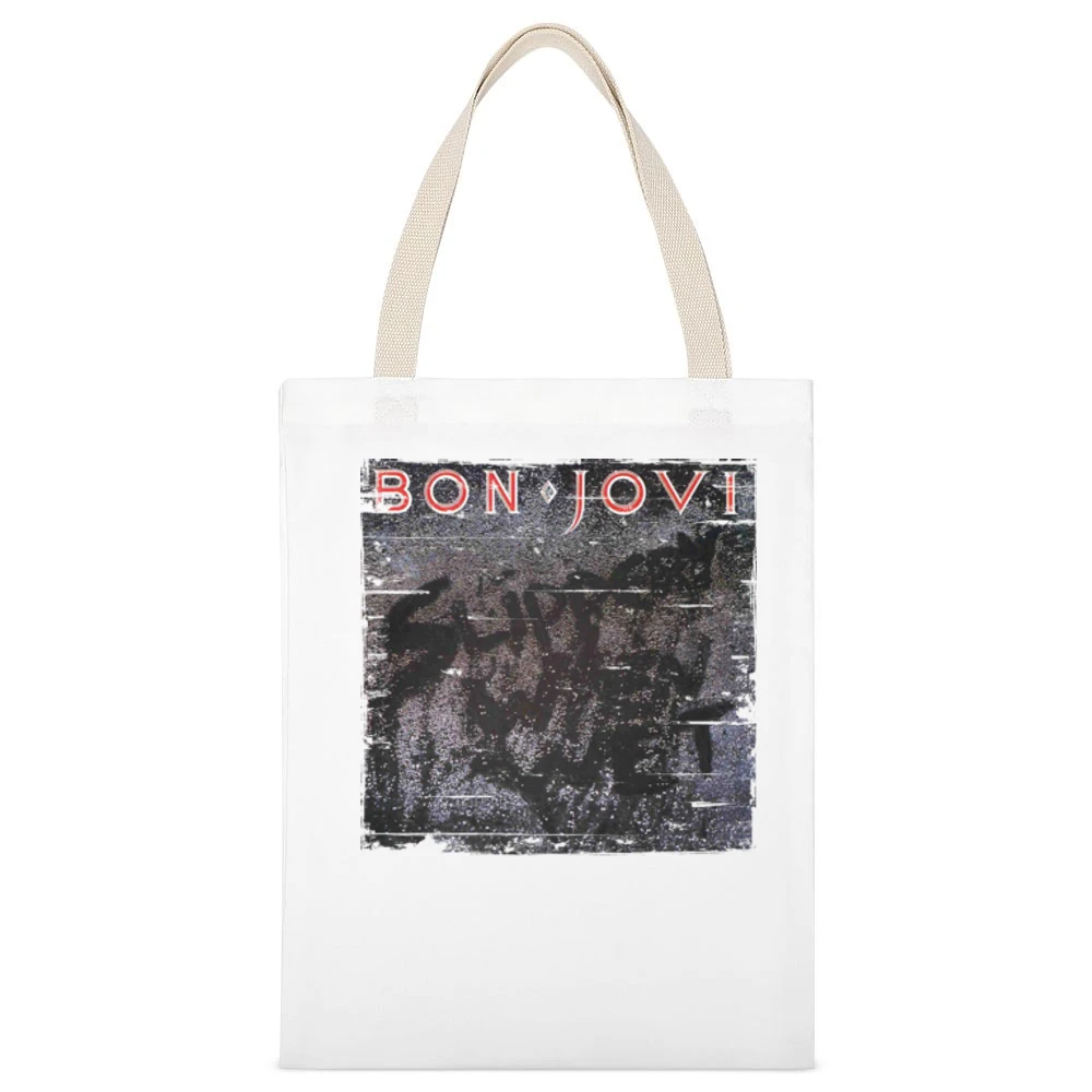 Bon Jovi Slippery When Wet Album Cover Distressed Image White Canvas Tote Shopping Bag