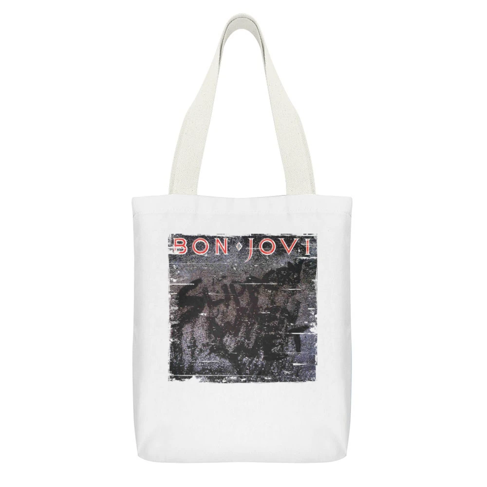 Bon Jovi Slippery When Wet Album Cover Distressed Image White Canvas Tote Shopping Bag With Interior Pocket