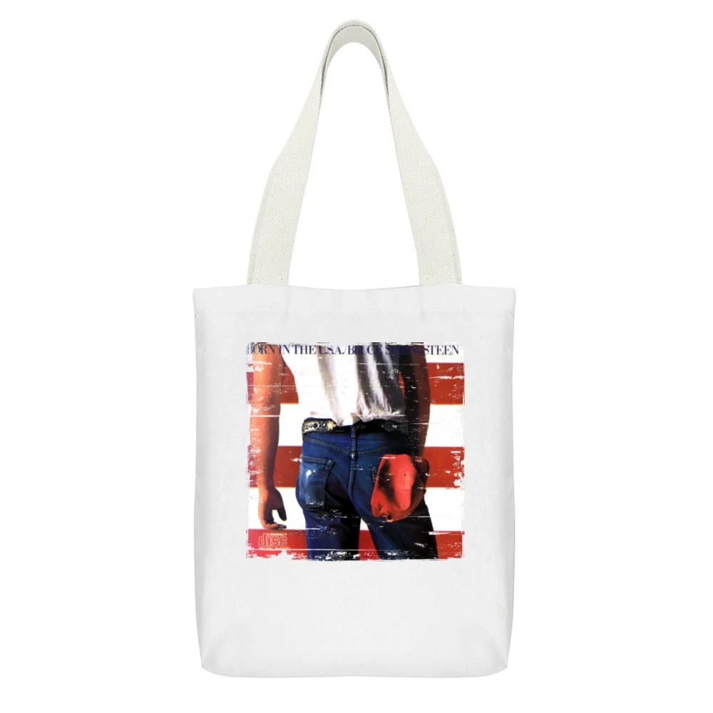 Bruce Springsteen Born in the USA Album Cover Distressed Image White Canvas Tote Shopping Bag With Interior Pocket