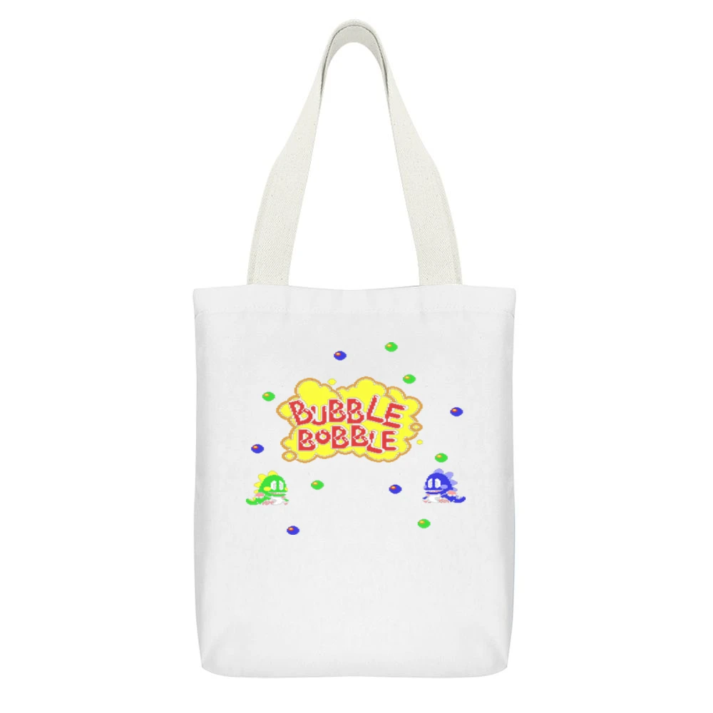 Bubble Bobble Video Game Retro 80s White Canvas Tote Shopping Bag With Interior Pocket