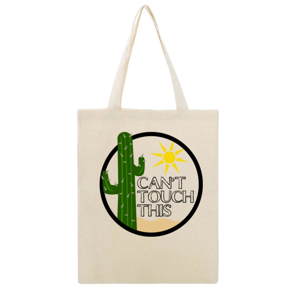 Cant Touch This Funny Cactus Graphic TShirt Beige Canvas Tote Shopping Bag