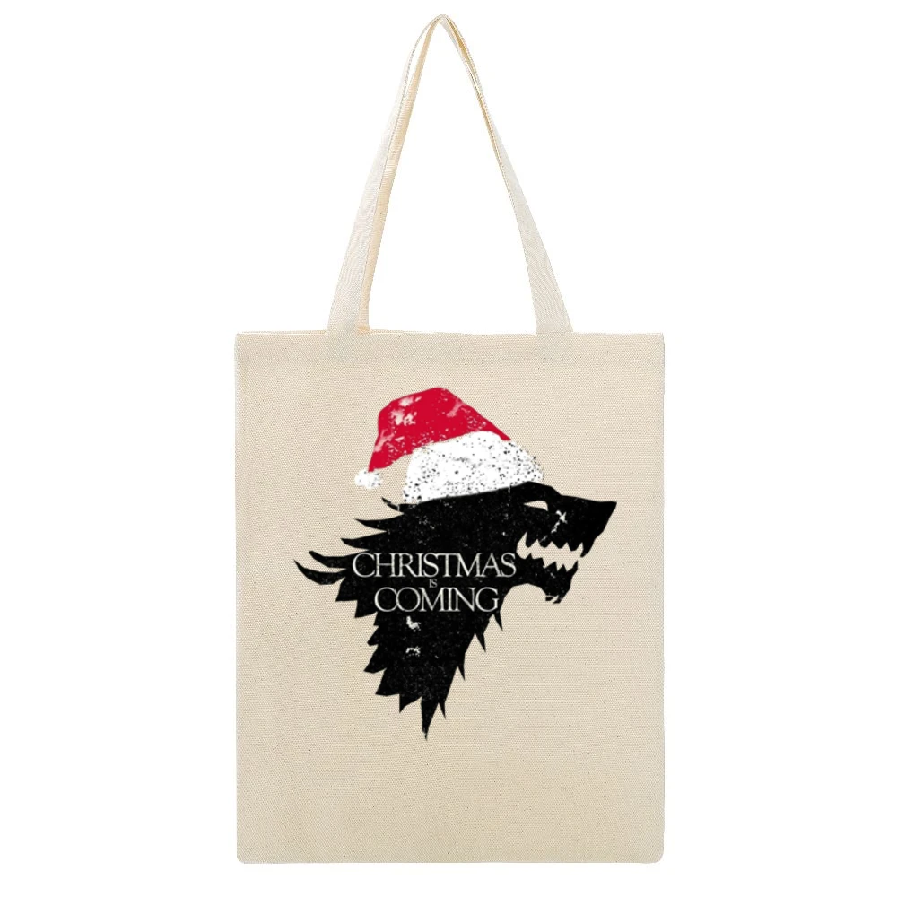 Christmas Is Coming Funny Direwolf Game Of Thrones Parody Holiday T Sh Beige Canvas Tote Shopping Bag