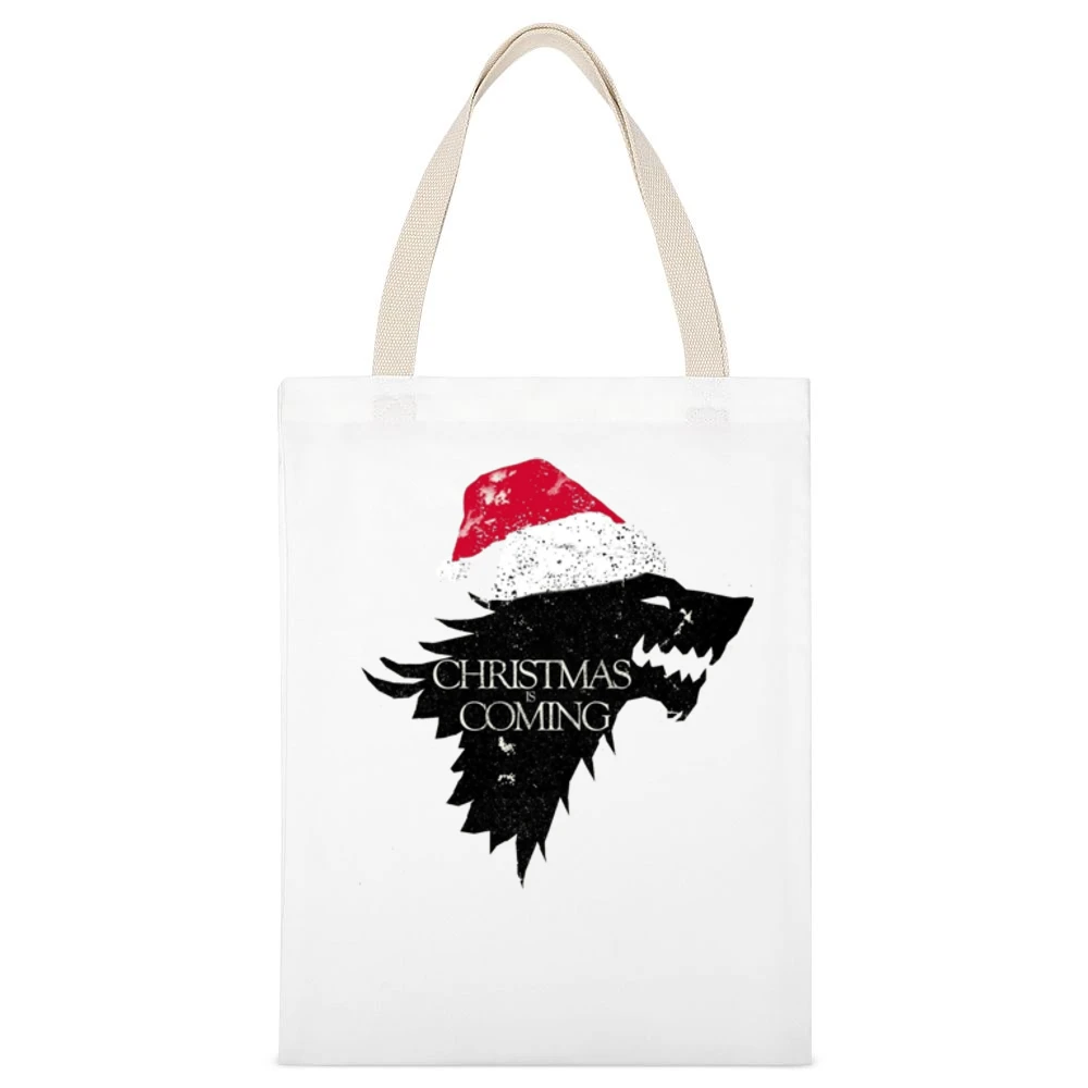 Christmas Is Coming Funny Direwolf Game Of Thrones Parody Holiday T Sh White Canvas Tote Shopping Bag