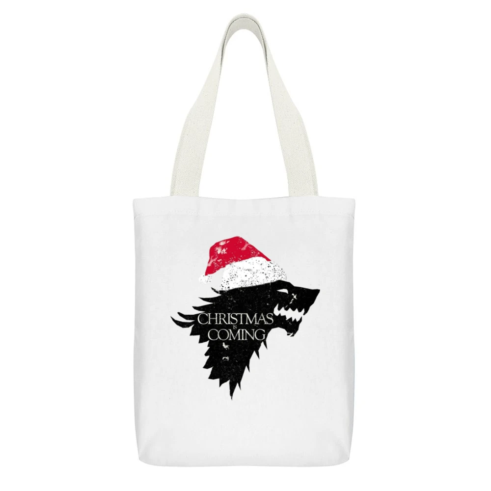 Christmas Is Coming Funny Direwolf Game Of Thrones Parody Holiday T Sh White Canvas Tote Shopping Bag With Interior Pocket
