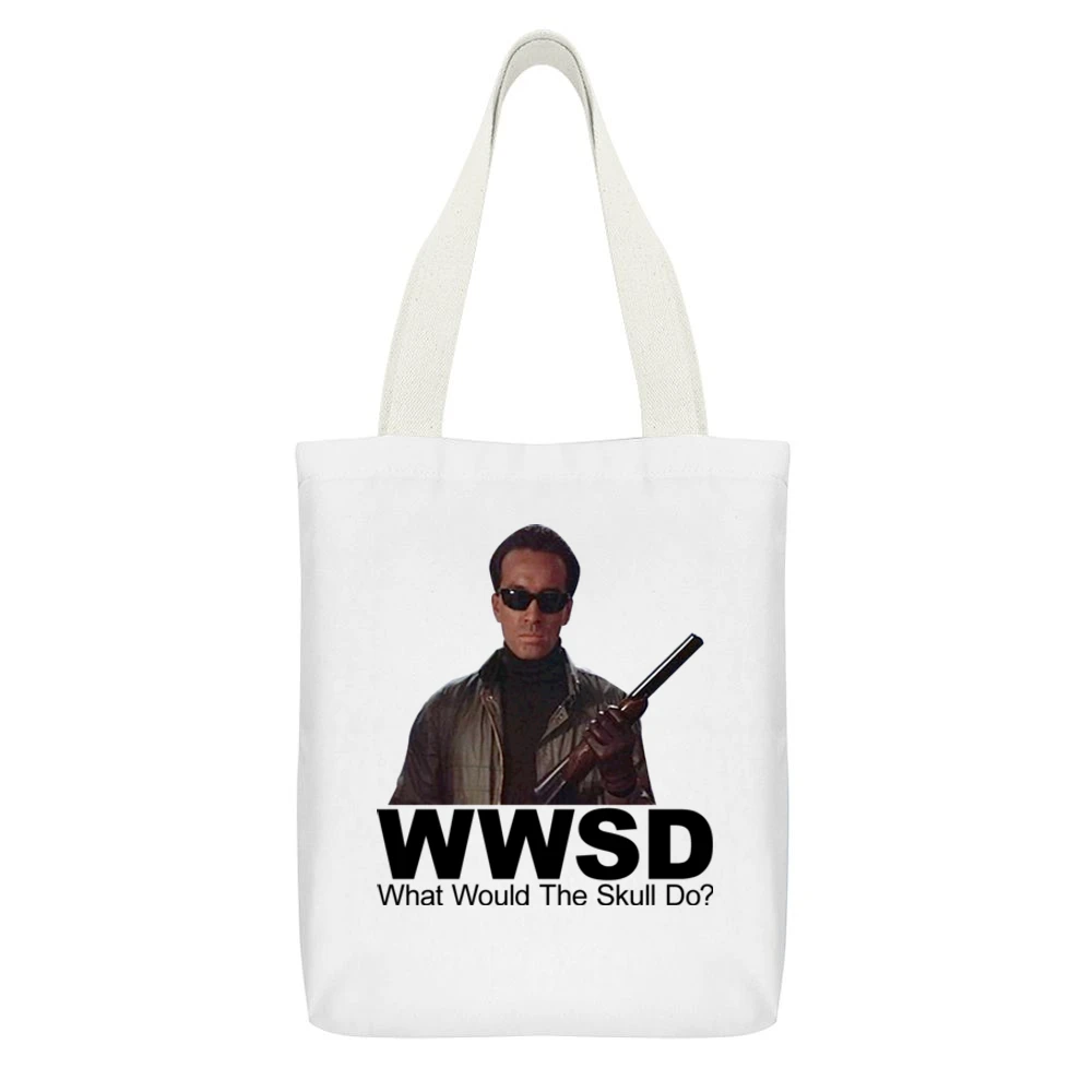 Classic Movie Scarface What Would The Skull Do White Canvas Tote Shopping Bag With Interior Pocket