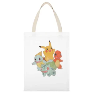 Classic Starter Pokemon Pikachu Charmander Squirtle Bulbasaur Fun Vint White Canvas Tote Shopping Bag