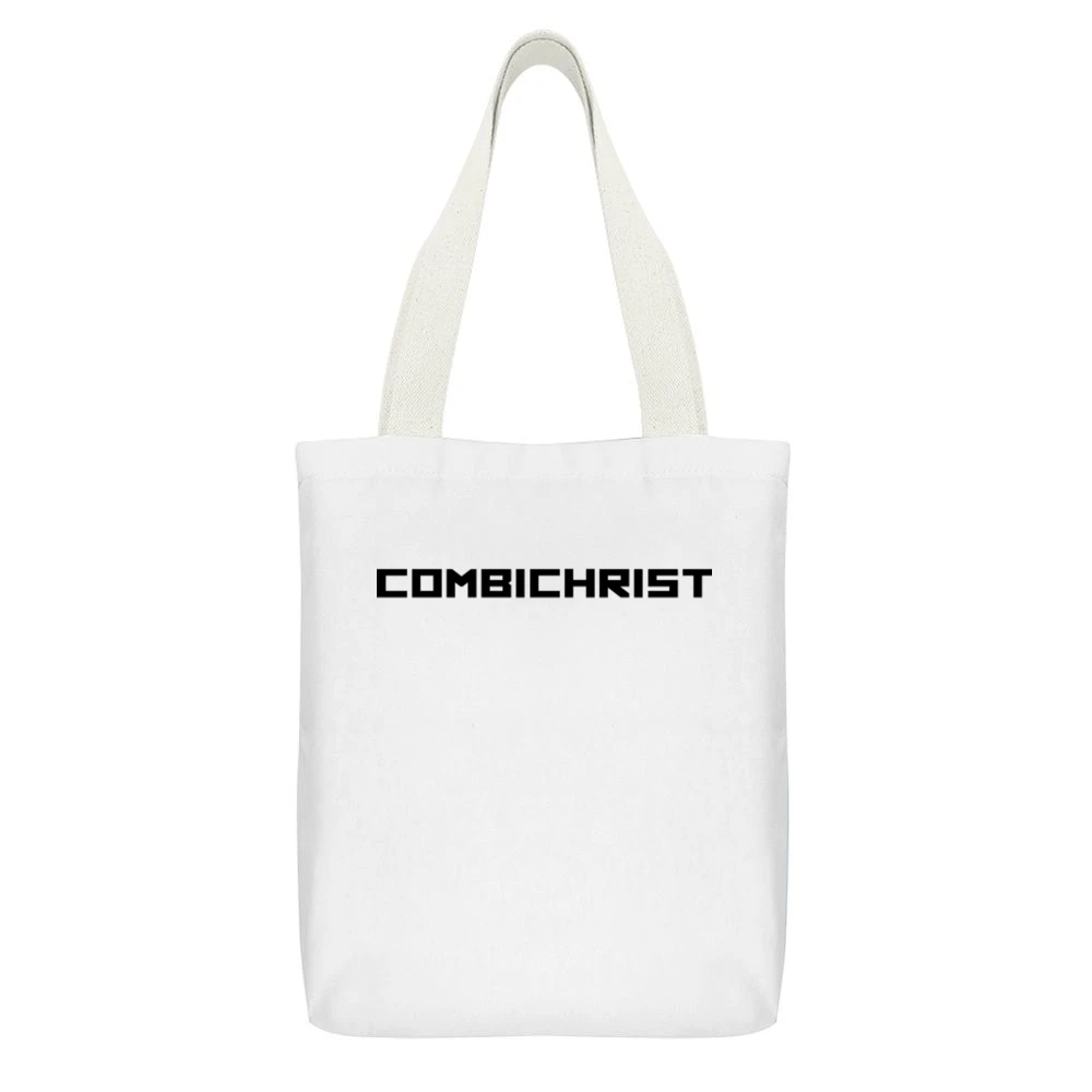 Combichrist black text Logo White Canvas Tote Shopping Bag With Interior Pocket