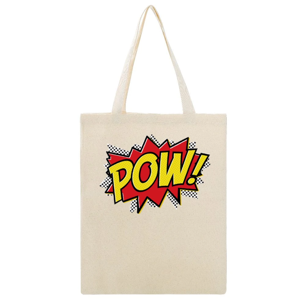Comic POW! Fun Burst Graphic Tee Shirt Beige Canvas Tote Shopping Bag