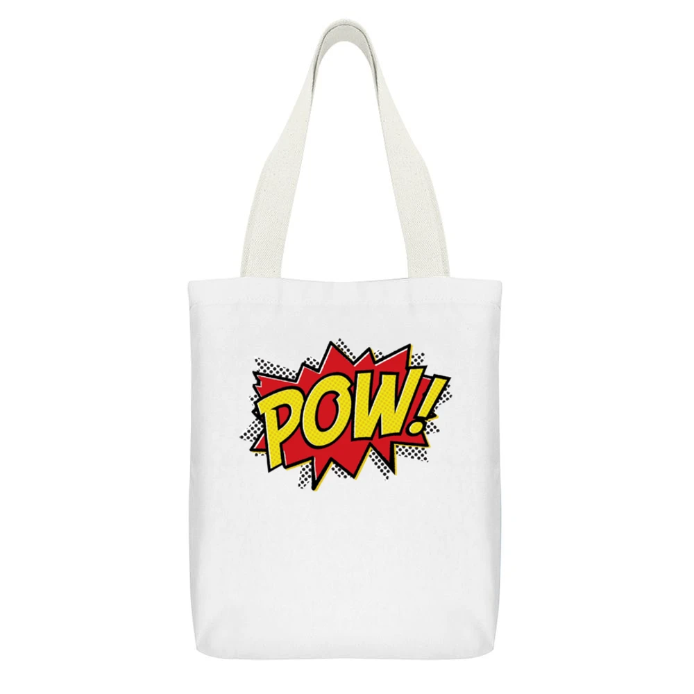 Comic POW! Fun Burst Graphic Tee Shirt White Canvas Tote Shopping Bag With Interior Pocket