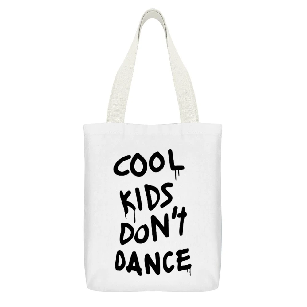 Cool Kids Dont Dance Graphic Tee Shirt White Canvas Tote Shopping Bag With Interior Pocket