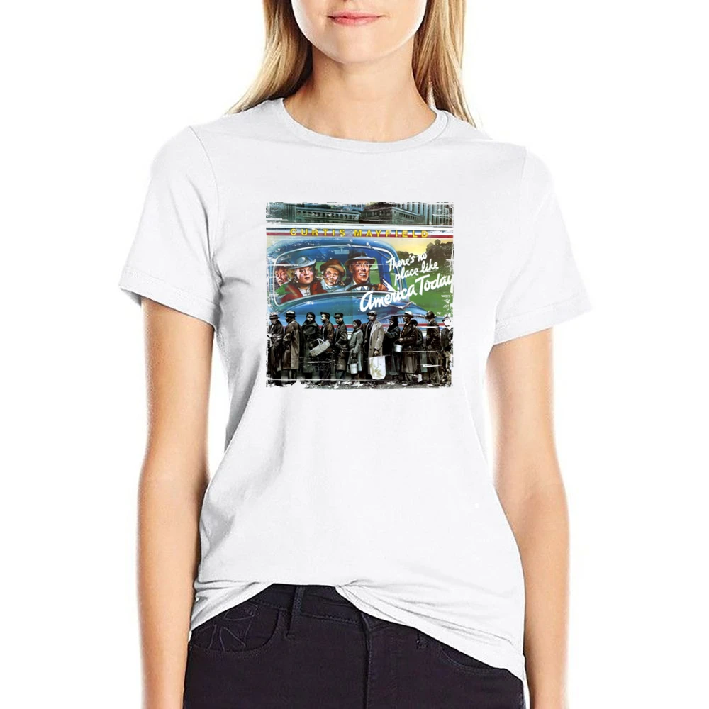 Curtis Mayfield Theres No Place Like America Today Album Cover Distres US Size Women Ladies T-shirt