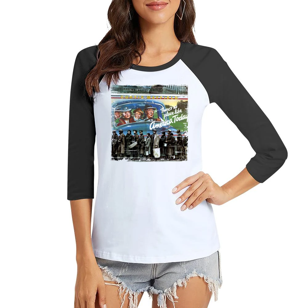 Curtis Mayfield Theres No Place Like America Today Album Cover Distres Women Ladies 3-4 Sleeve T-Shirt