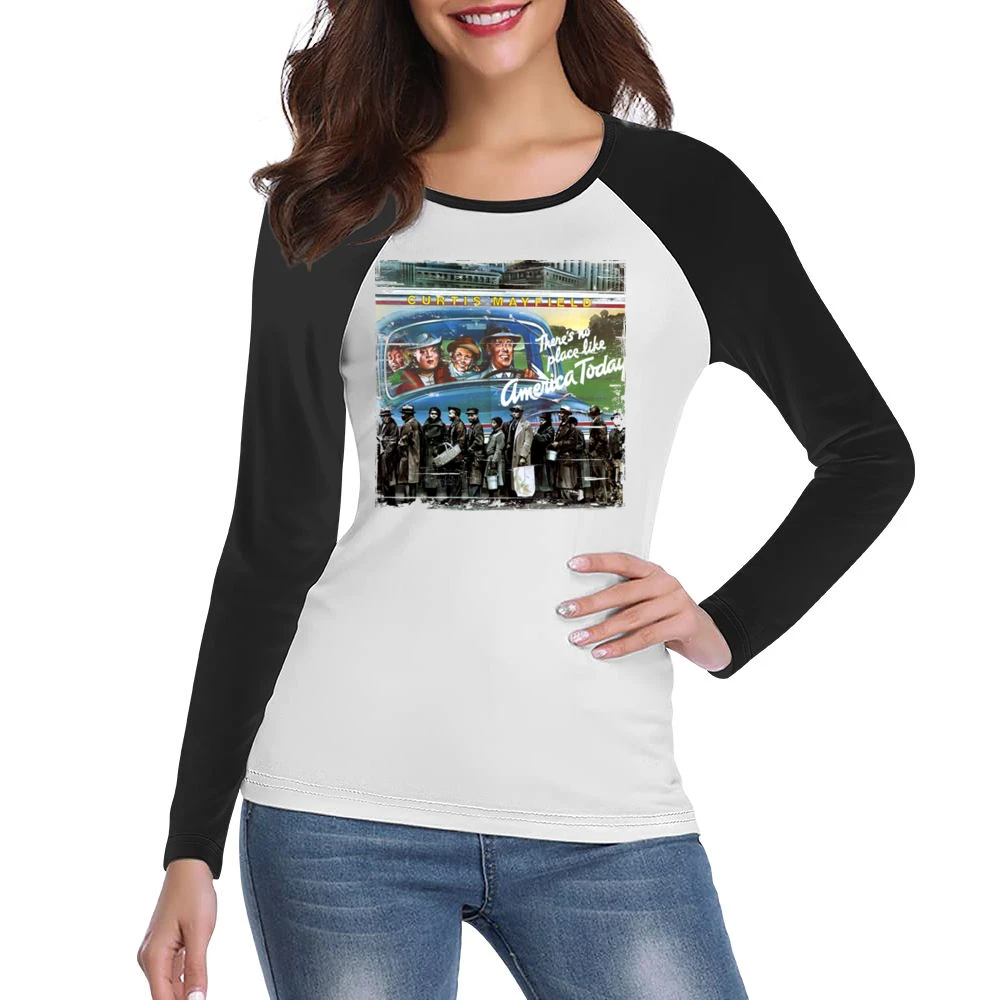 Curtis Mayfield Theres No Place Like America Today Album Cover Distres Women Ladies Long Sleeve T-Shirt