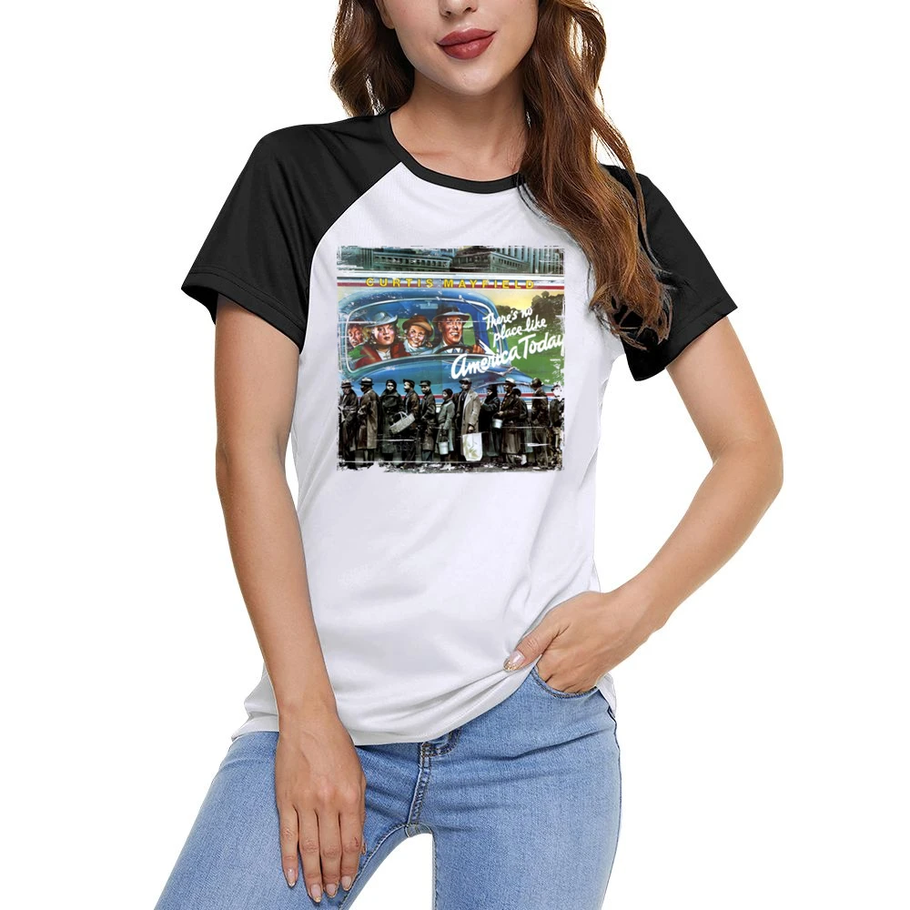 Curtis Mayfield Theres No Place Like America Today Album Cover Distres Women Ladies Short Sleeve T-Shirt