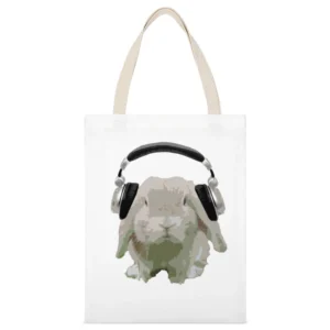 DJ Bun Bunny Rabbit With Headphones Fun Music Lover Graphic White Canvas Tote Shopping Bag