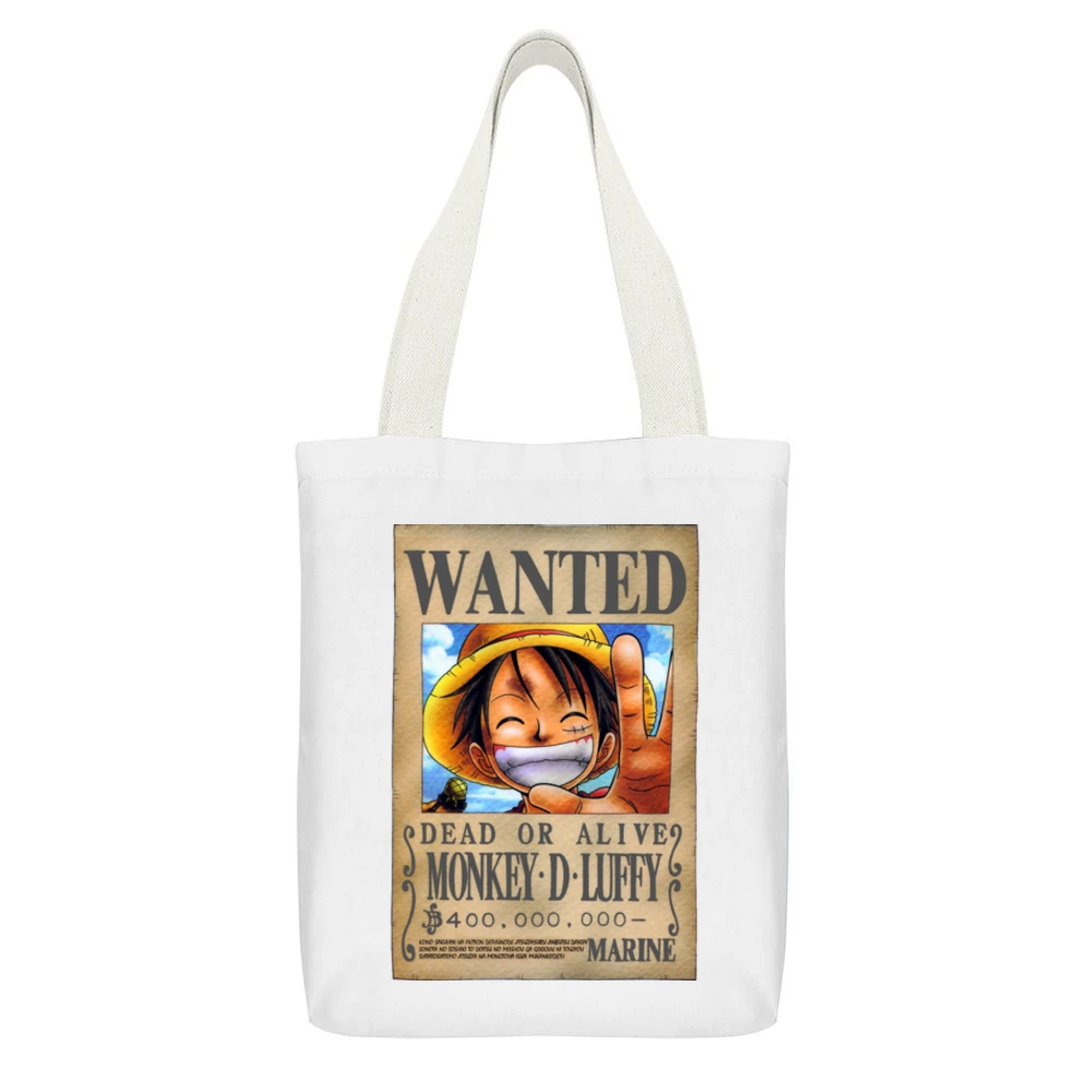 Dead or alive Monkey D Luffy Marine Wanted poster One Piece anime mang White Canvas Tote Shopping Bag With Interior Pocket