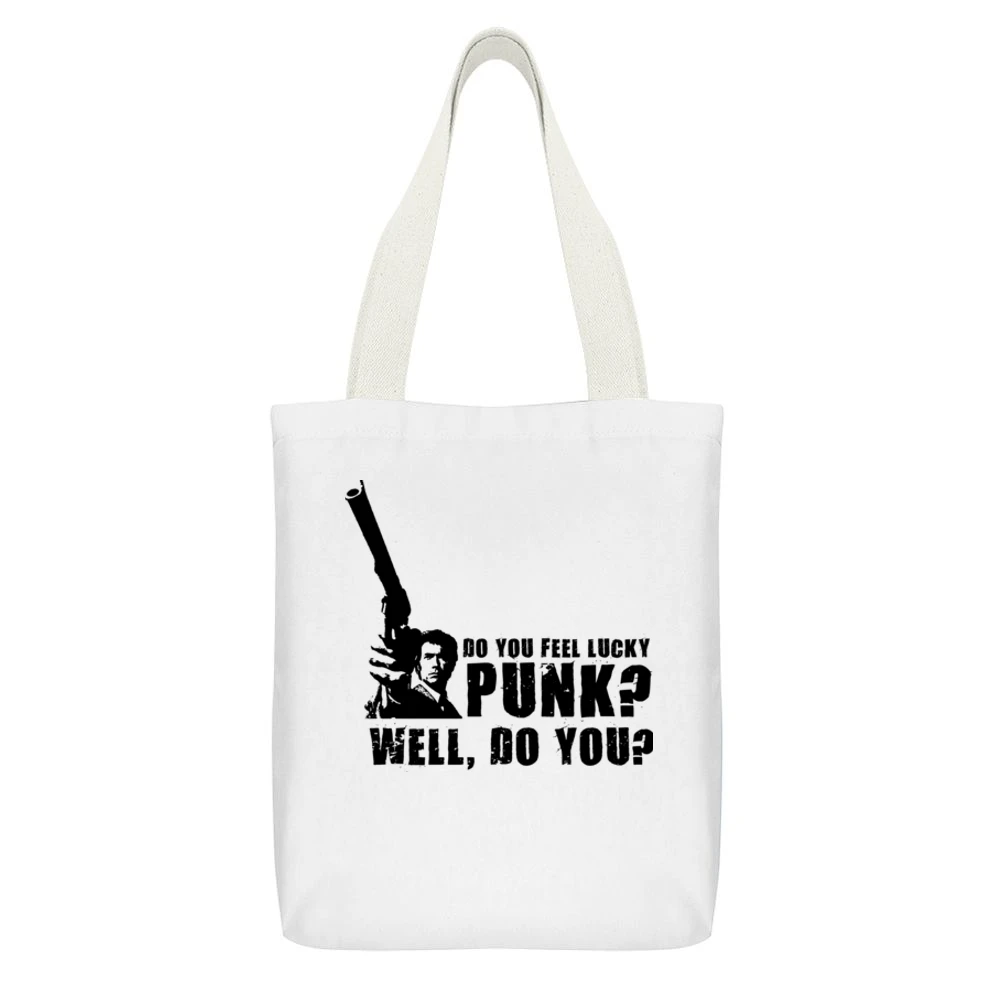 Dirty Harry Punk White Canvas Tote Shopping Bag With Interior Pocket