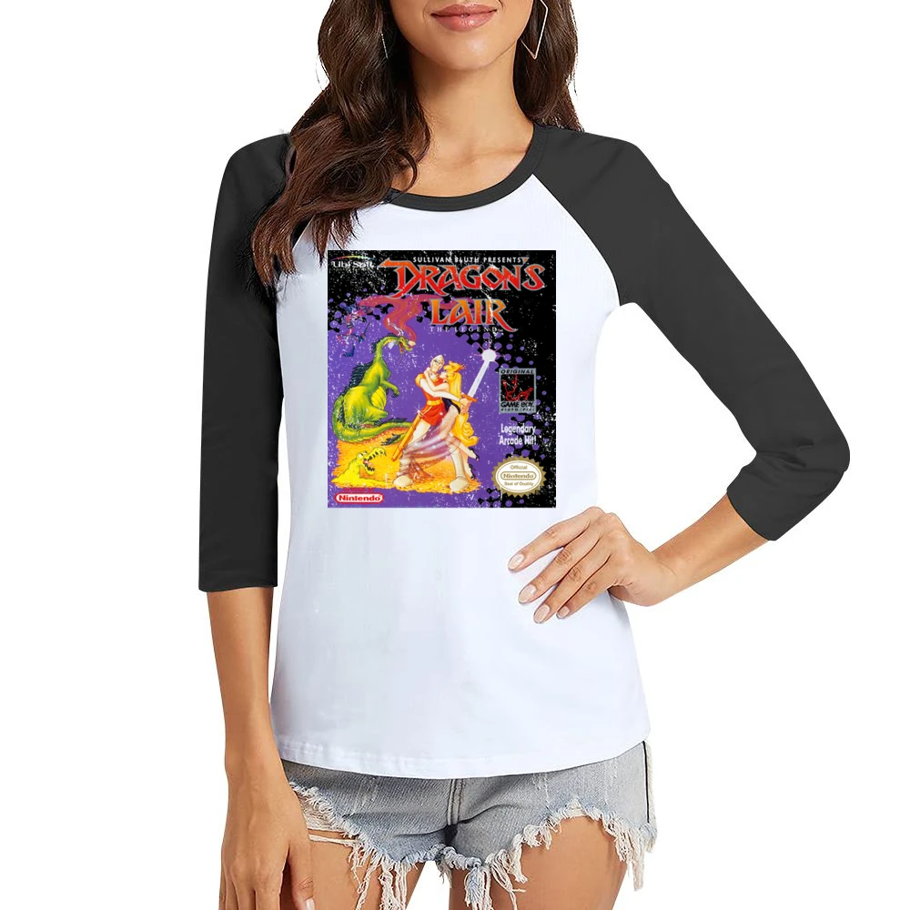 Dragons Lair Game Boy Nintendo Old School Retro Video Game Fan Distres Women Ladies 3-4 Sleeve T-Shirt