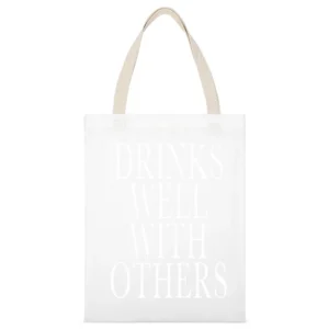 Drinks Well With Others Funny Party Graphic Tee Shirt White Canvas Tote Shopping Bag