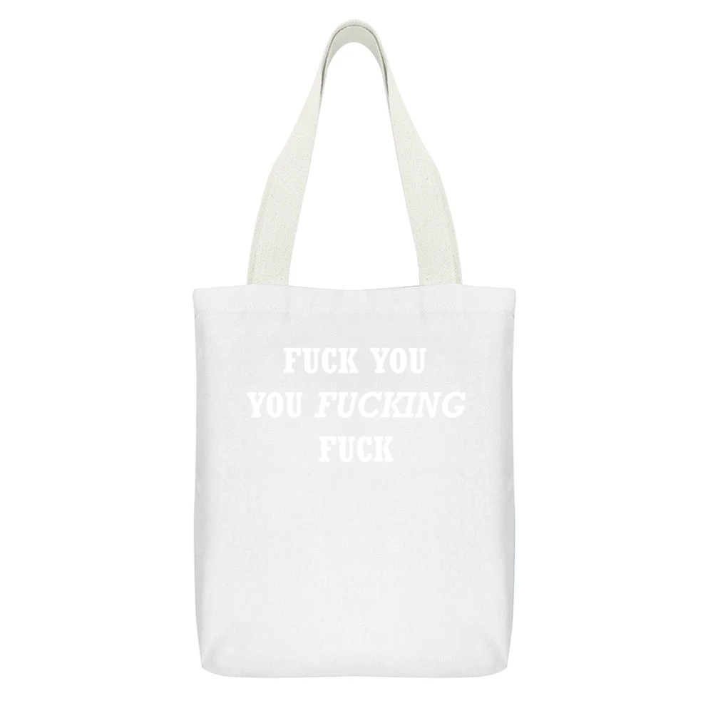 FU you Fng F White Canvas Tote Shopping Bag With Interior Pocket