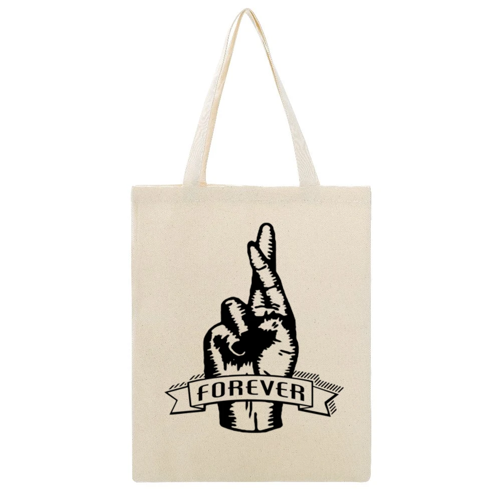 Fingers Crossed Forever Fun Sketched Graphic Tee Shirt Beige Canvas Tote Shopping Bag