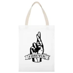 Fingers Crossed Forever Fun Sketched Graphic Tee Shirt White Canvas Tote Shopping Bag