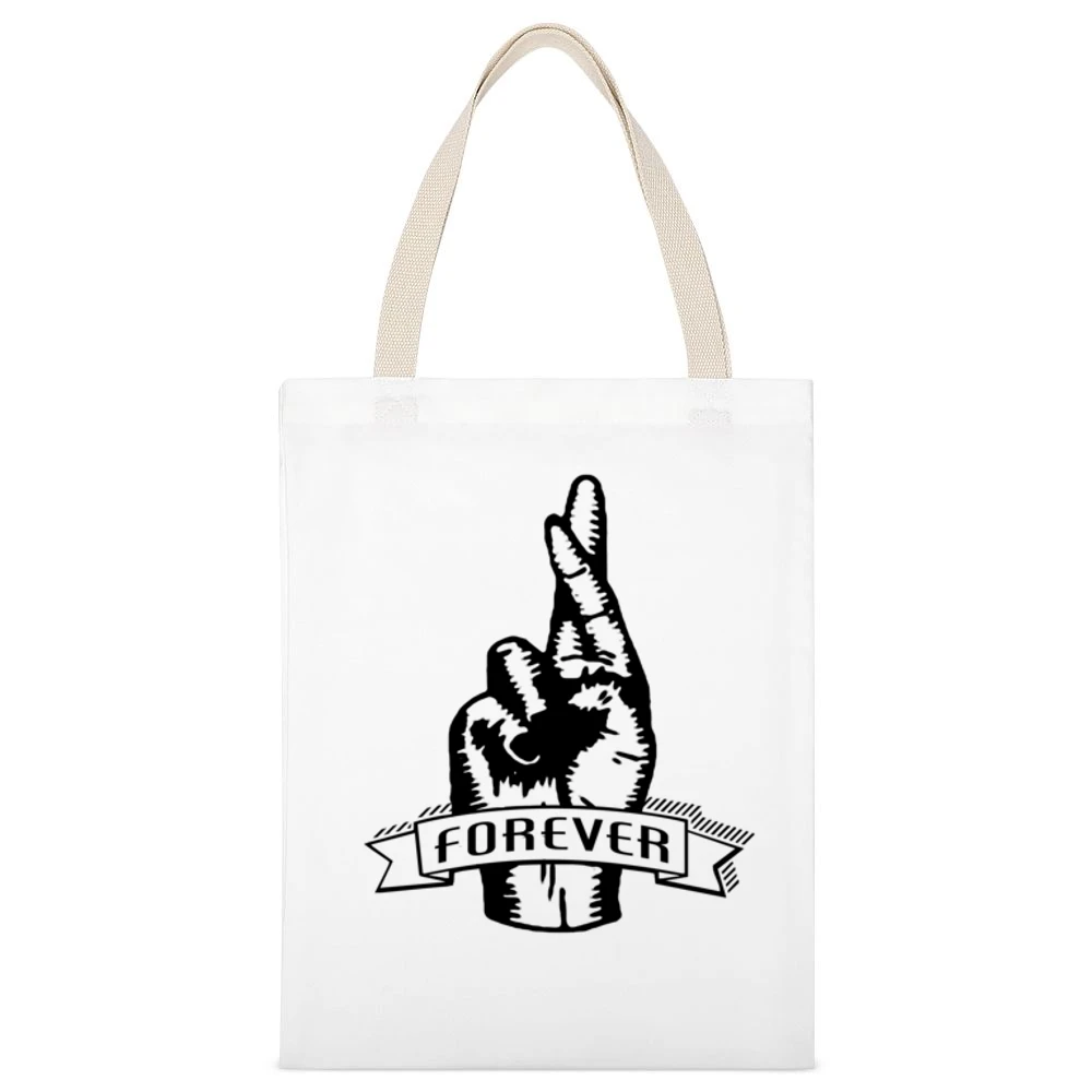 Fingers Crossed Forever Fun Sketched Graphic Tee Shirt White Canvas Tote Shopping Bag