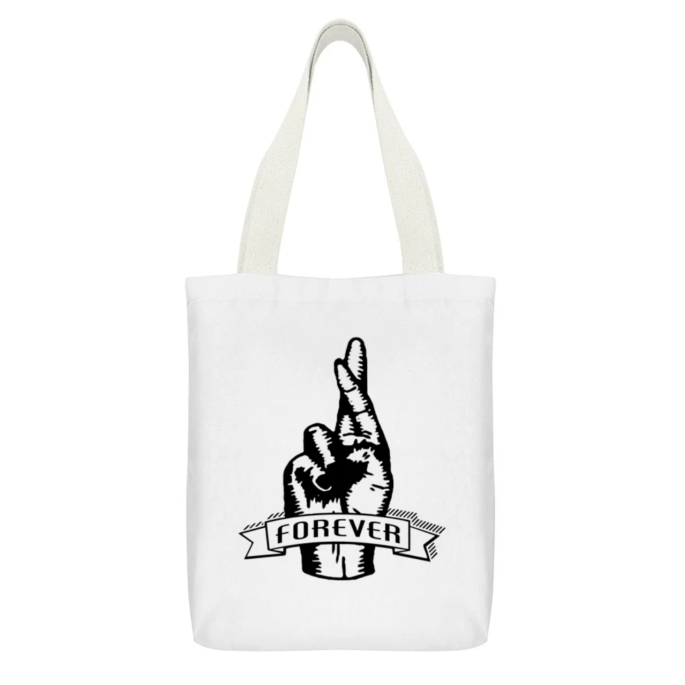 Fingers Crossed Forever Fun Sketched Graphic Tee Shirt White Canvas Tote Shopping Bag With Interior Pocket