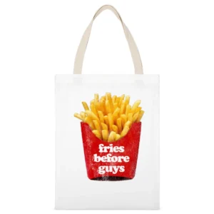 Fries Before Guys Fun Vintage Distressed Look Tee Shirt White Canvas Tote Shopping Bag
