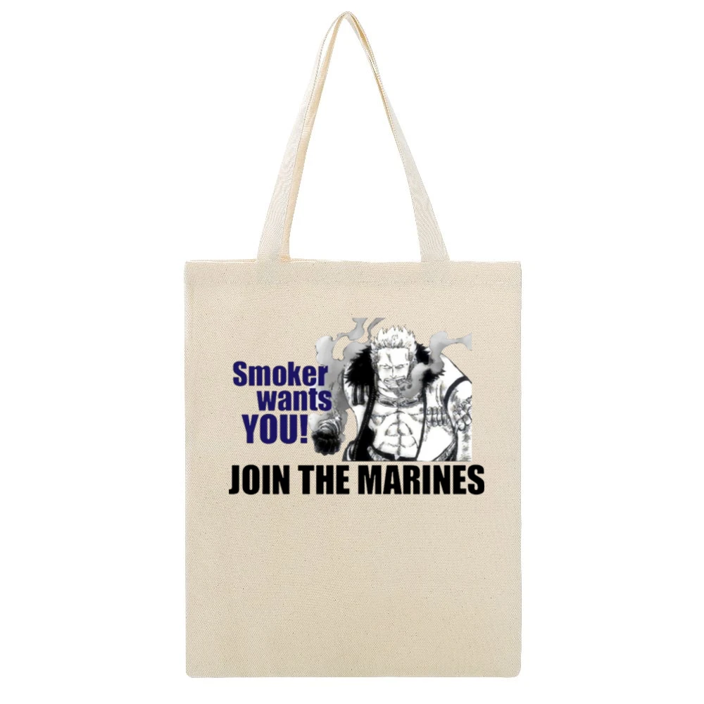 Funny Smoker wants you join marines One Piece white hunter anime manga Beige Canvas Tote Shopping Bag